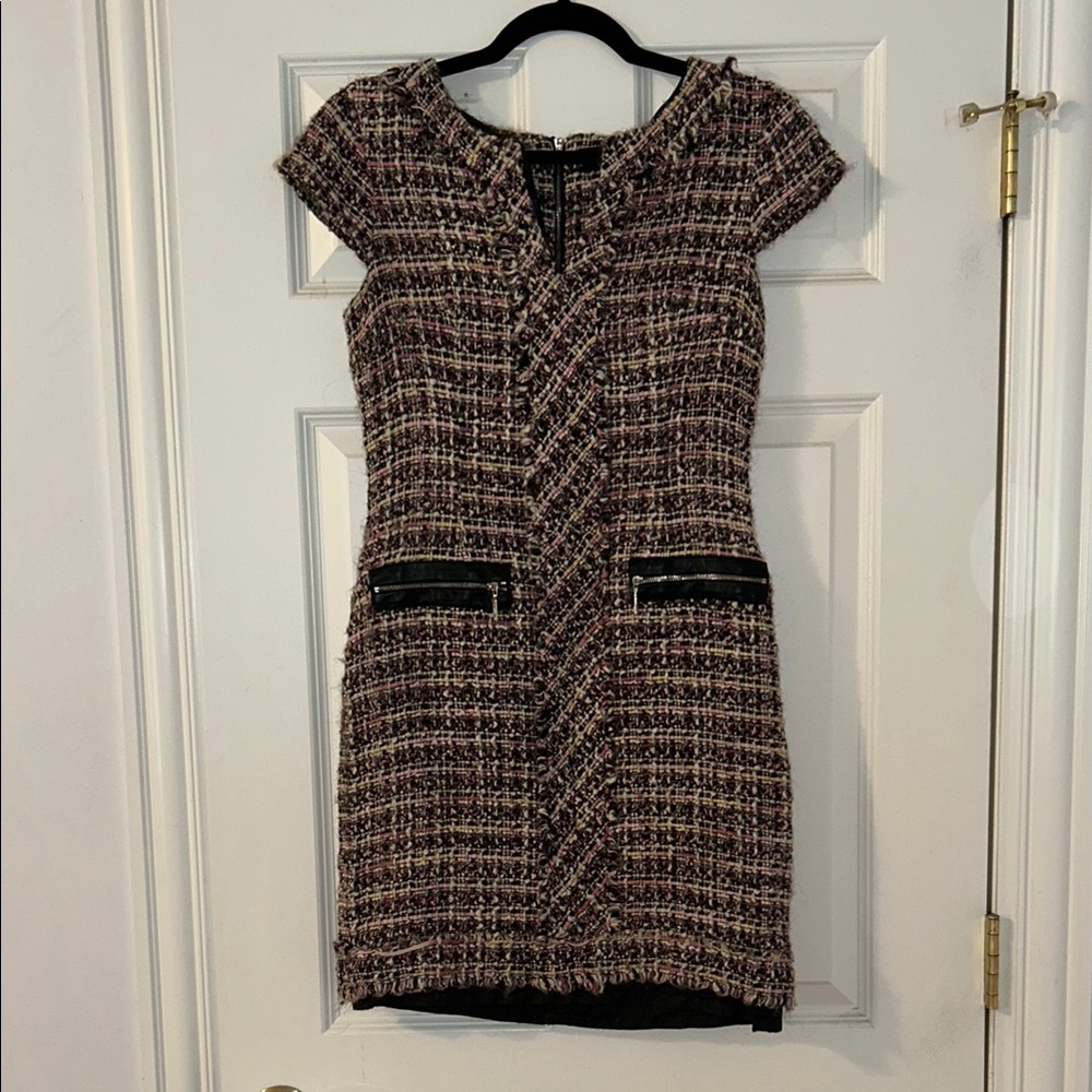 Karl Lagerfeld Brown and Cream Mini Sheath Dress with V-neck and Cap Sleeves
